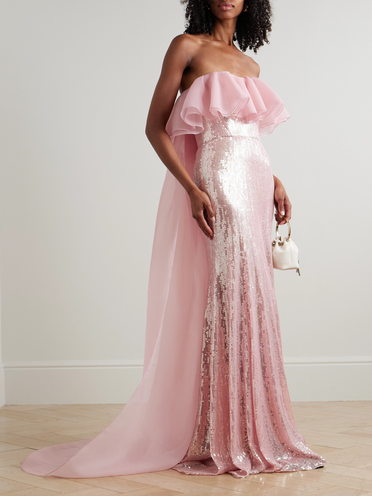 Jenny Packham Galactic Strapless Chiffon-trimmed Sequined Satin Gown In Pink