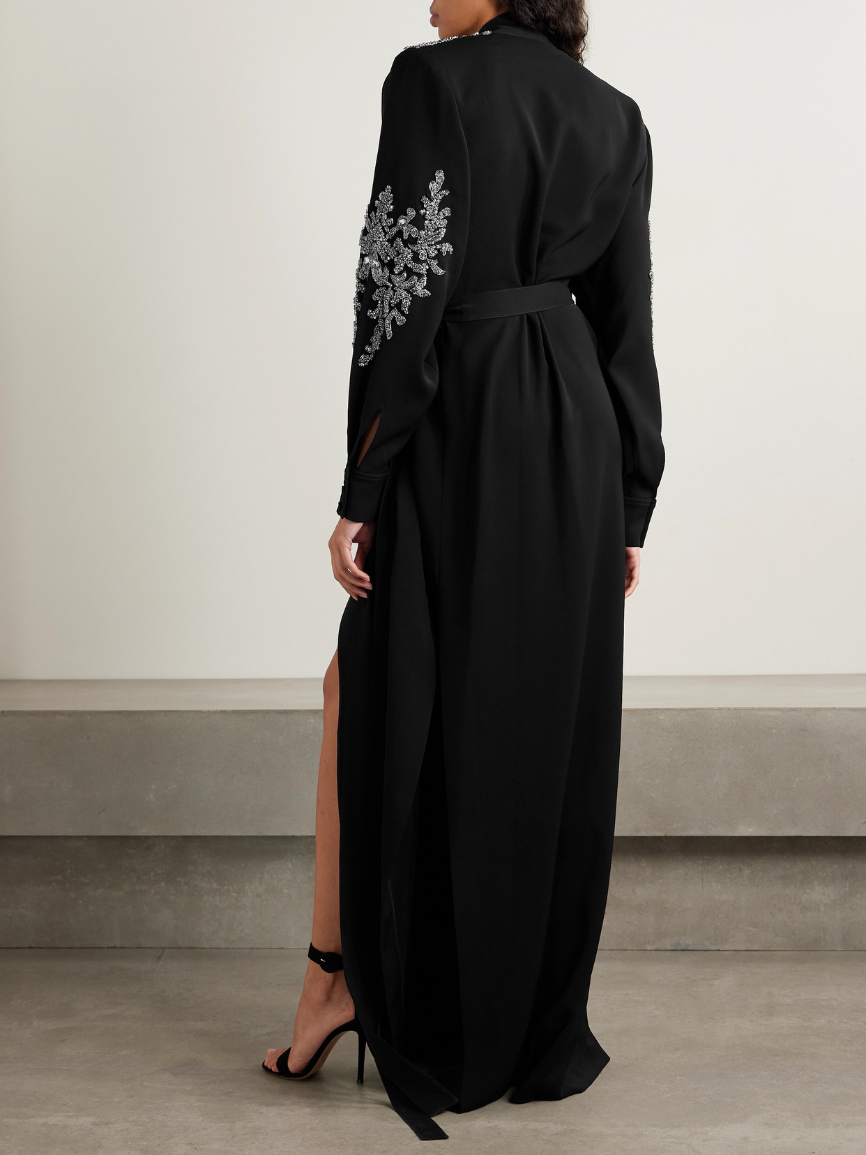 ZUHAIR MURAD BELTED TIE-NECK EMBELLISHED CREPE GOWN