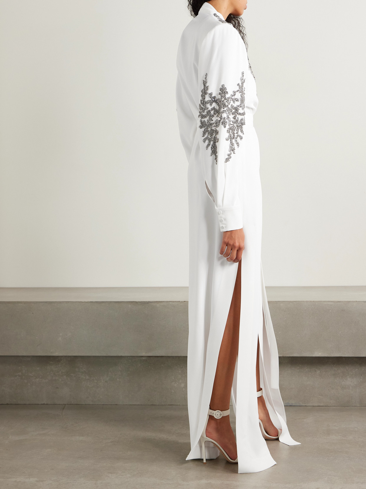 ZUHAIR MURAD BELTED TIE-NECK EMBELLISHED CREPE GOWN