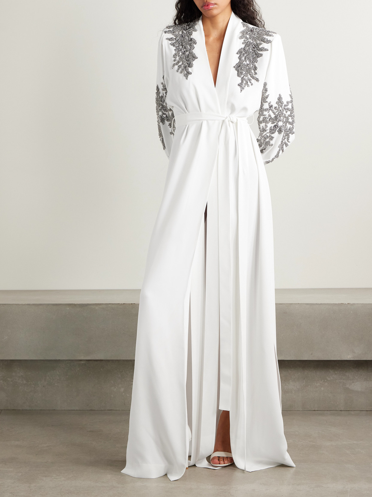 ZUHAIR MURAD BELTED TIE-NECK EMBELLISHED CREPE GOWN