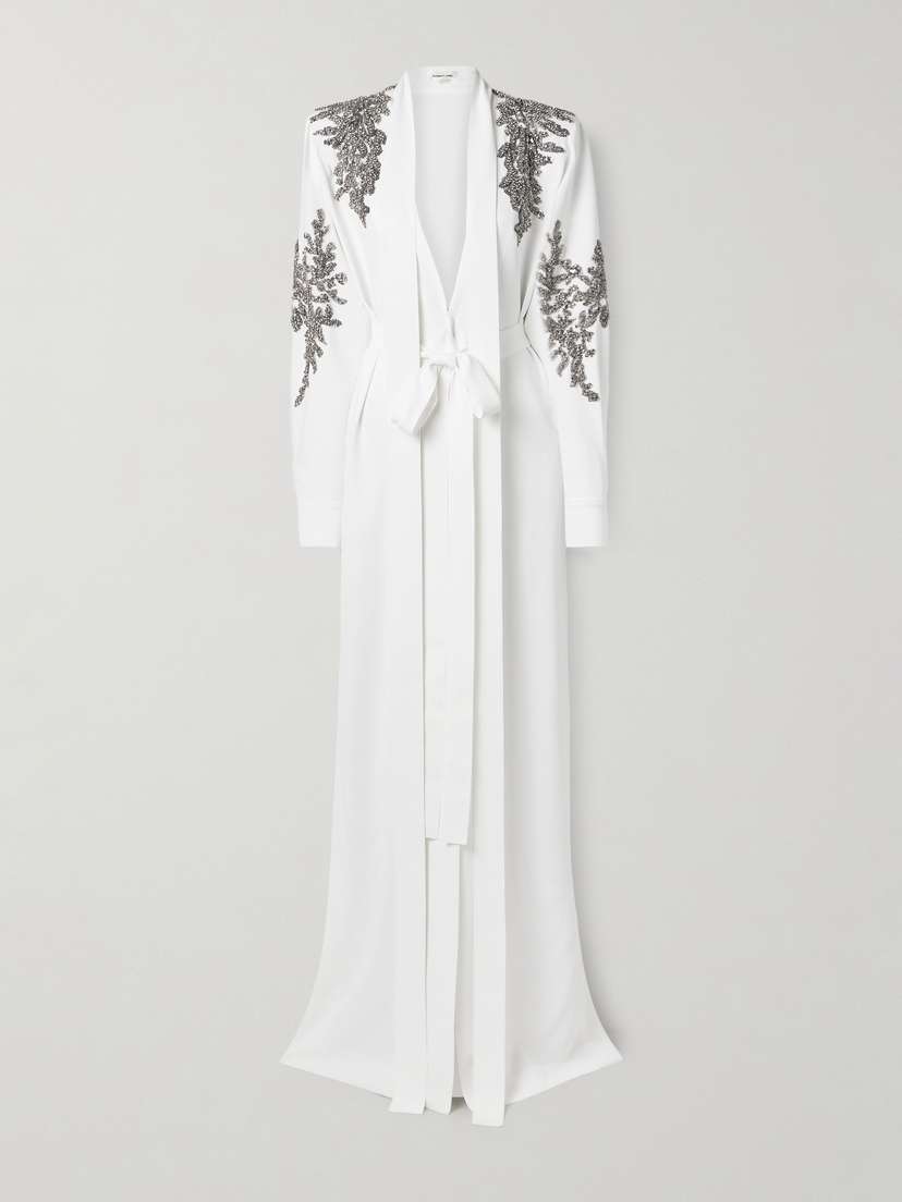 Zuhair Murad Belted Tie-neck Embellished Crepe Gown