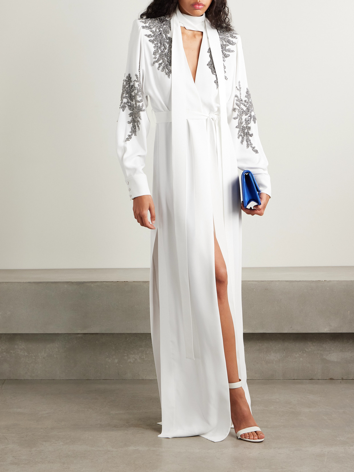 ZUHAIR MURAD BELTED TIE-NECK EMBELLISHED CREPE GOWN