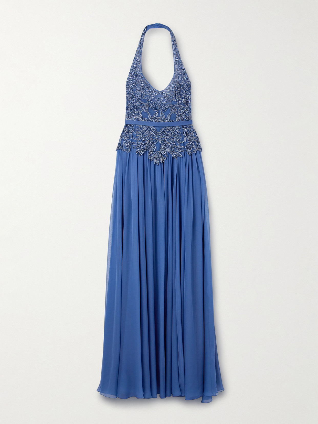 Zuhair Murad Silk Crepe De Chine And Embellished Tulle Halterneck Gown In Blue