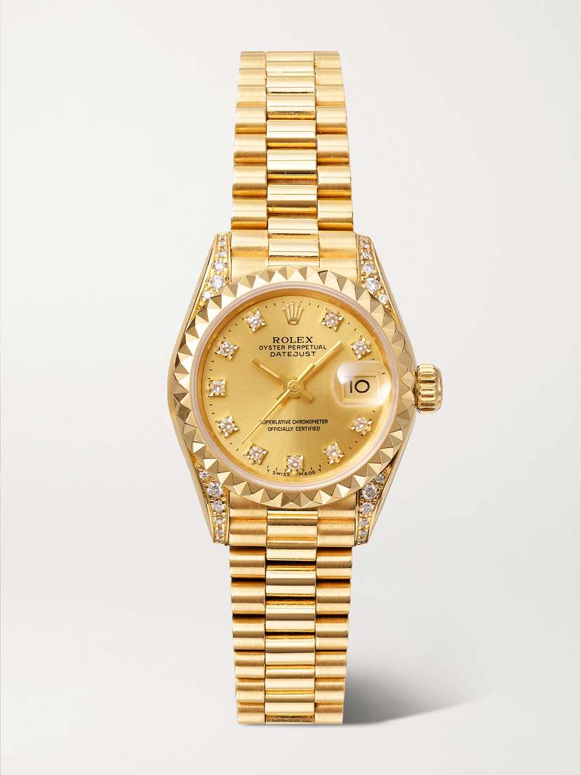 Stephanie Windsor + Rolex Vintage 1991 Rare Crown Collection Oyster Perpetual Datejust Automatic 26mm 18-karat Gold Diamond Watch, Ref. No. 69188