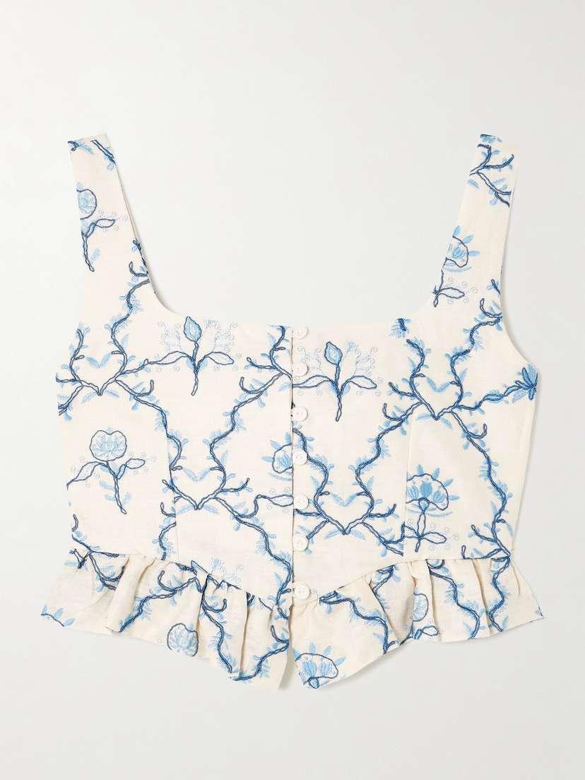 Agua by Agua Bendita Eslabón Floritura Cropped Embroidered Linen Peplum Top