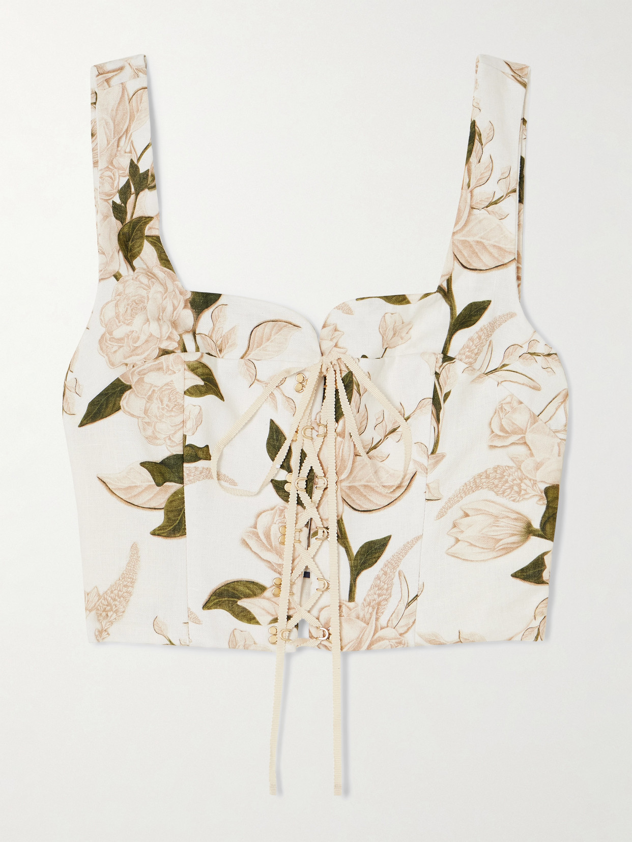 Agua By Agua Bendita Reserva Cropped Lace-up Floral-print Linen Bustier Top In Multi