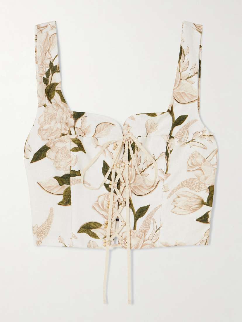 Agua by Agua Bendita Reserva Cropped Lace-up Floral-print Linen Bustier Top