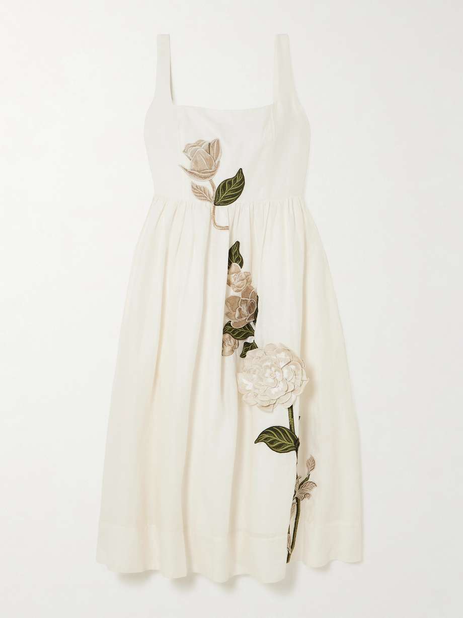 miramar gardenia appliquéd linen midi dress