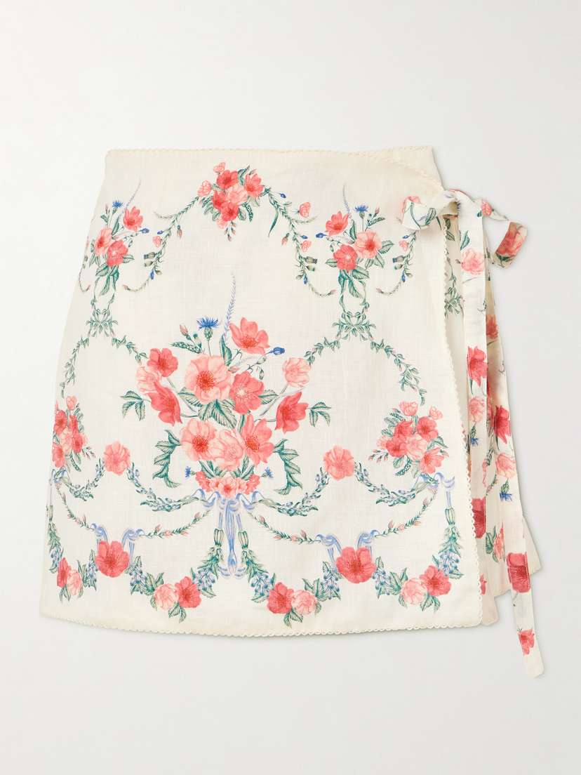Agua by Agua Bendita Luna Mosqueta Floral-print Linen Mini Wrap Skirt