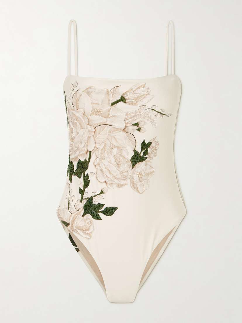 Agua by Agua Bendita Durazno Gardenia Beaded Embroidered Printed Recycled Swimsuit