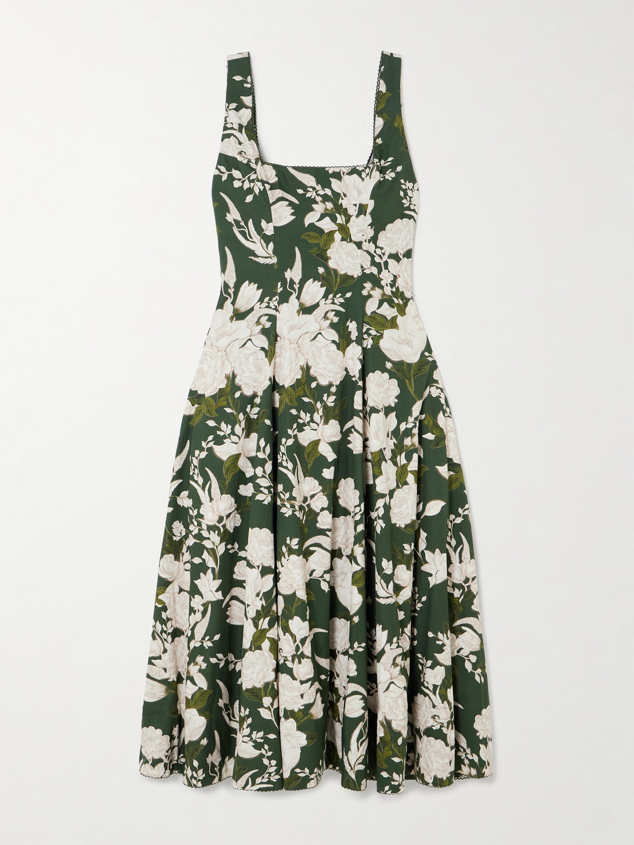 Shop Agua By Agua Bendita Pistilo Gardenia Picot-trimmed Floral-print Cotton-poplin Midi Dress In Green