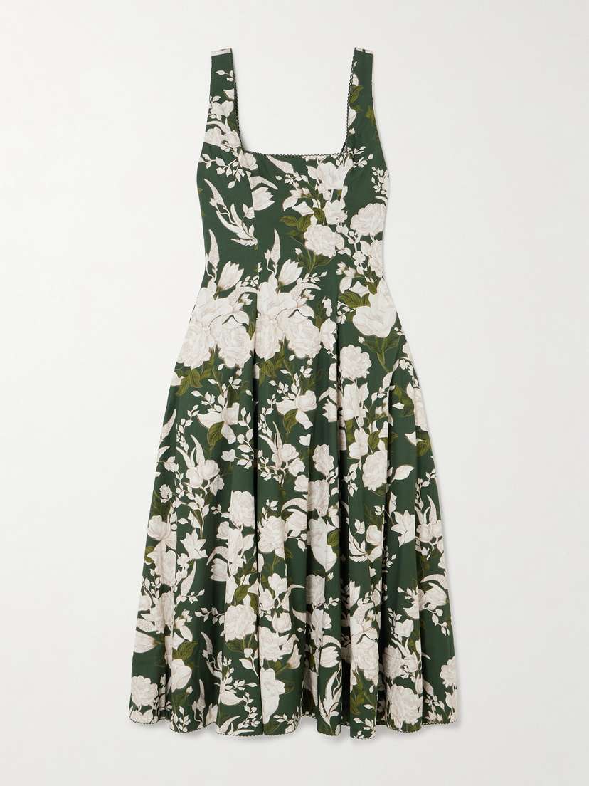 Agua by Agua Bendita Pistilo Gardenia Picot-trimmed Floral-print Cotton-poplin Midi Dress