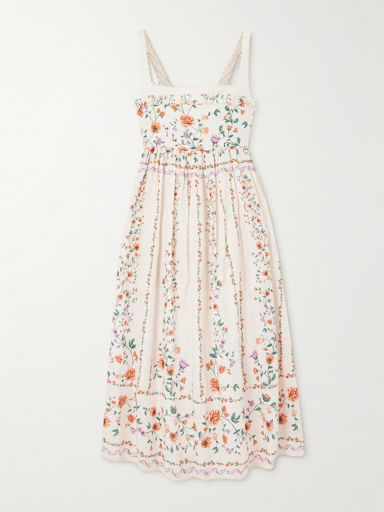 Agua By Agua Bendita Barbara Pleated Bead-embellished Floral-print Linen Midi Dress In White