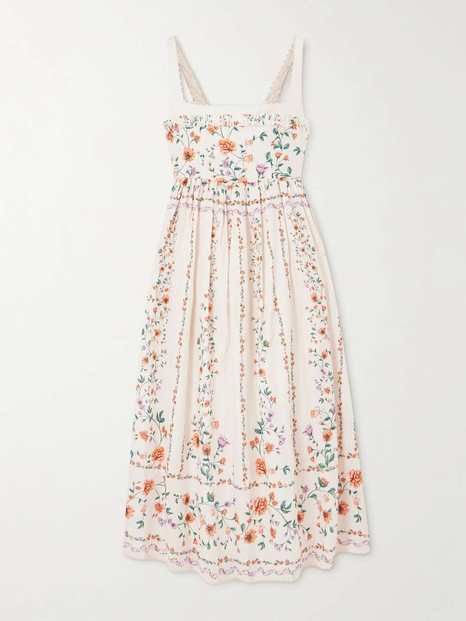 barbara pleated bead-embellished floral-print linen midi dress