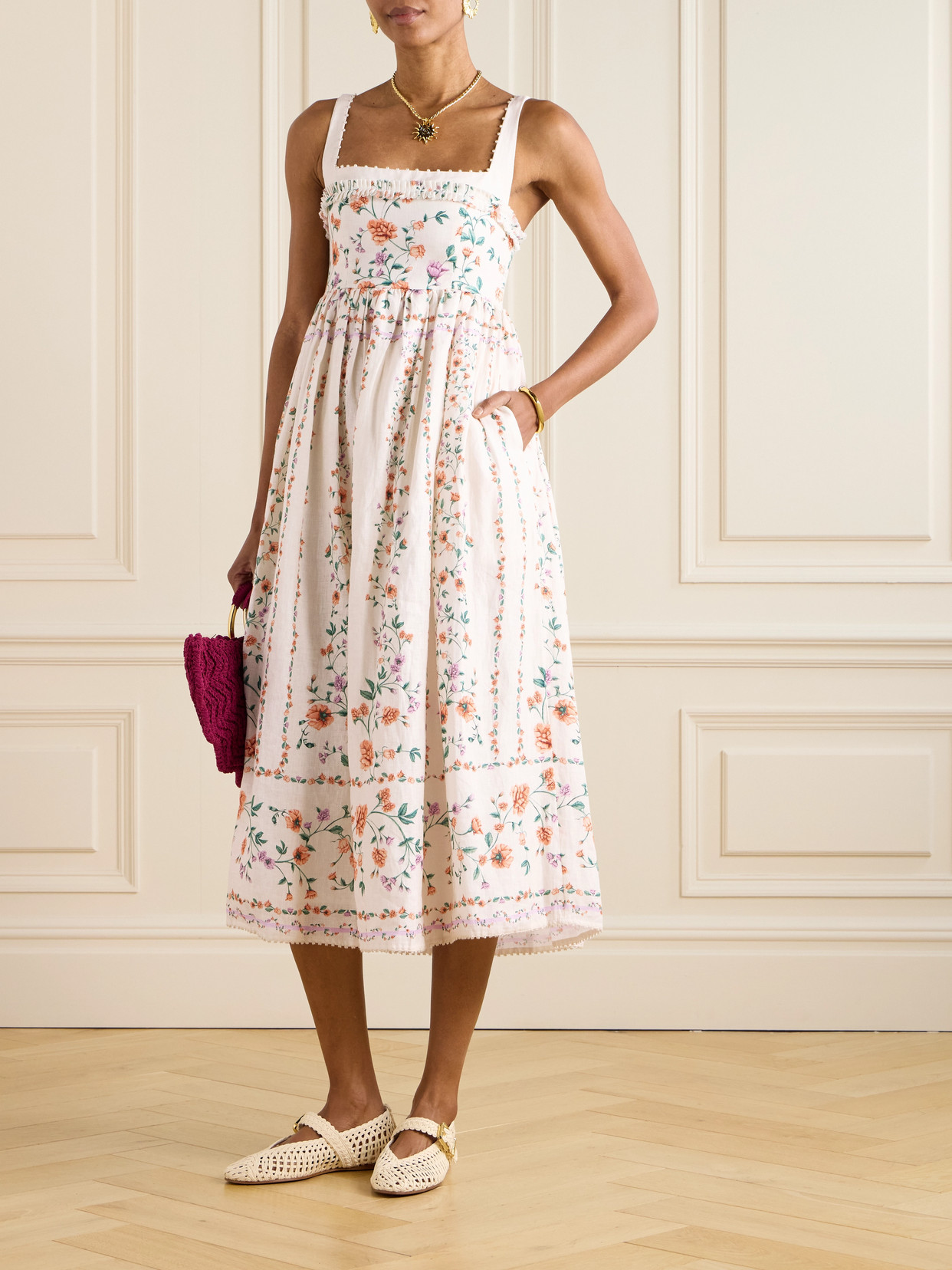 Agua By Agua Bendita Barbara Pleated Bead-embellished Floral-print Linen Midi Dress In White