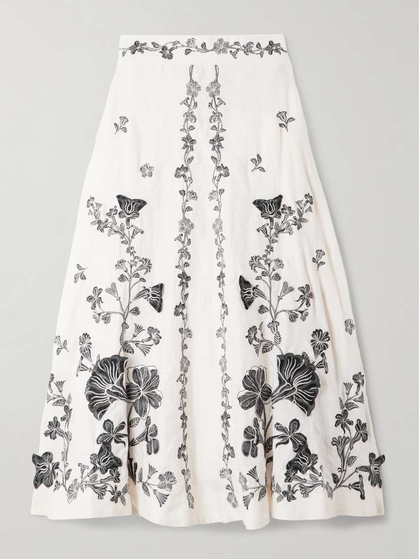 Agua by Agua Bendita Bergamota Embroidered Linen Midi Skirt