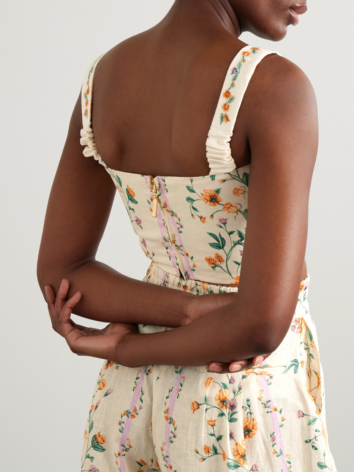Agua By Agua Bendita Luciana Chinesis Cropped Floral-print Linen Top In Cream