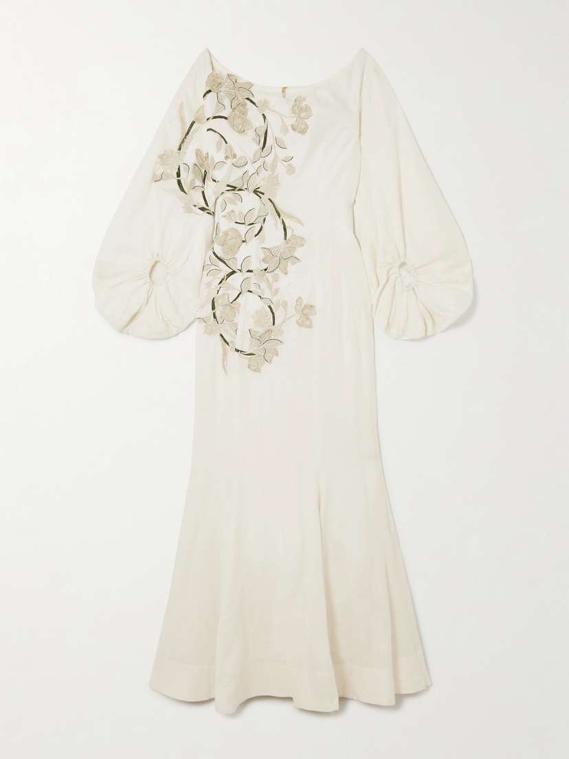 Agua by Agua Bendita Peccana Off-the-shoulder Appliquéd Linen Maxi Dress