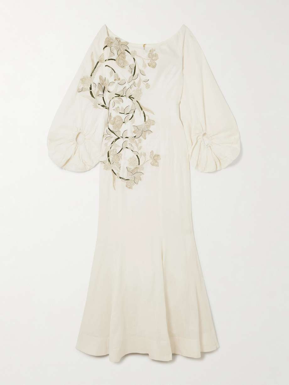 peccana off-the-shoulder appliquéd linen maxi dress