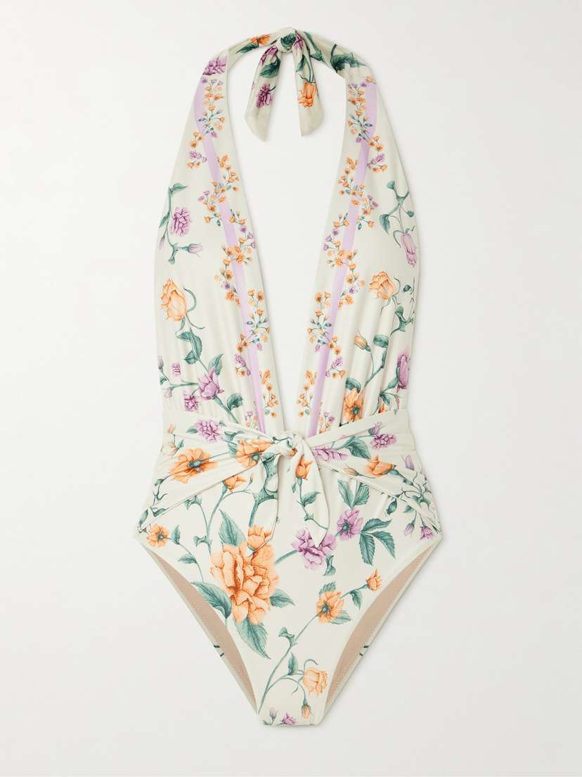 Agua by Agua Bendita Salm Chinesis Tie-front Floral-print Halterneck Recycled Swimsuit
