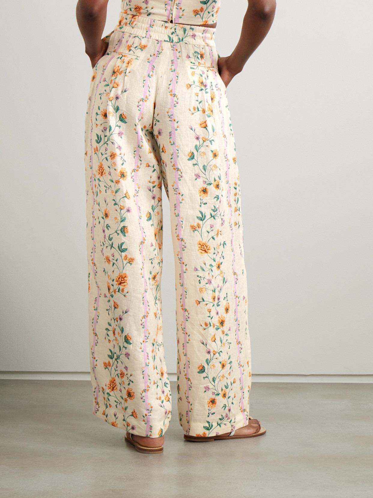Shop Agua By Agua Bendita Totoa Chinesis Floral-print Linen Wide-leg Pants In Cream