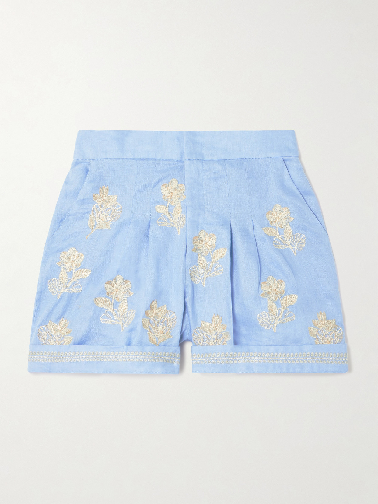 Agua By Agua Bendita Romy Madera Embroidered Linen Shorts In Blue