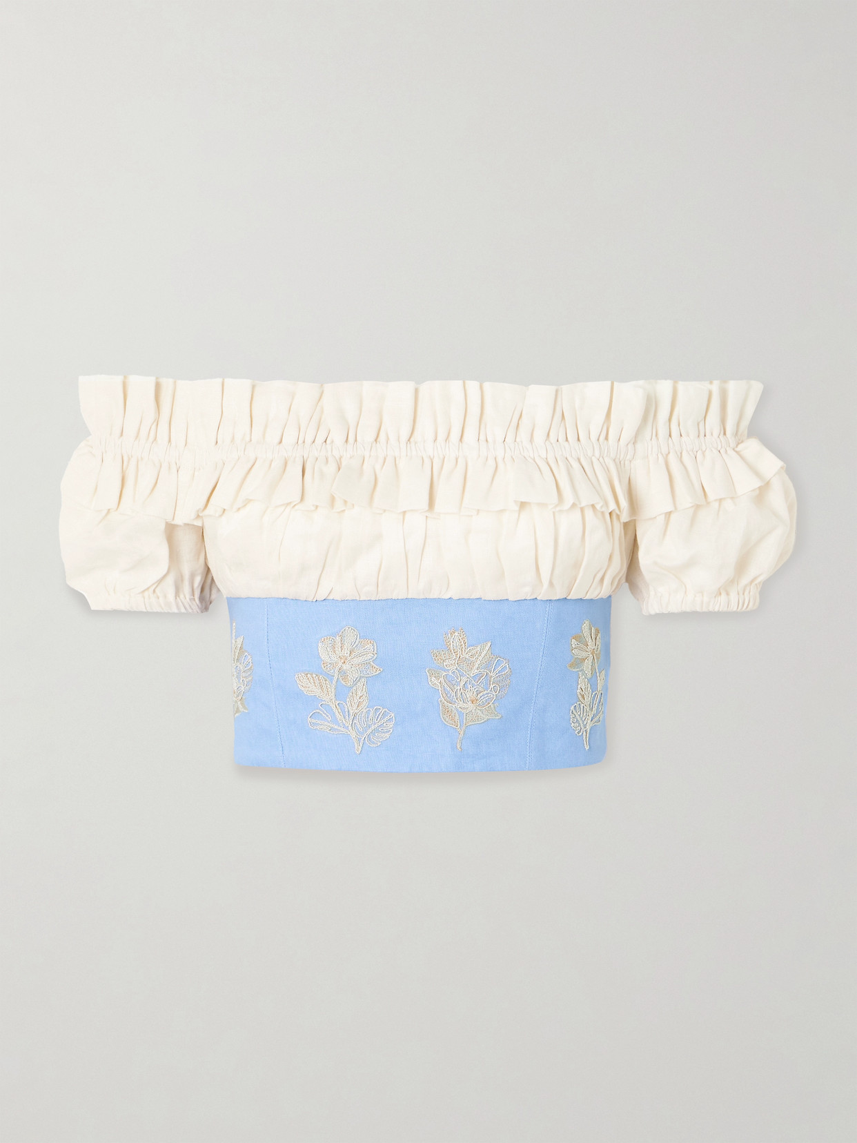 Agua By Agua Bendita Pimienta Madera Cropped Off-the-shoulder Ruffled Embroidered Linen Top In Blue