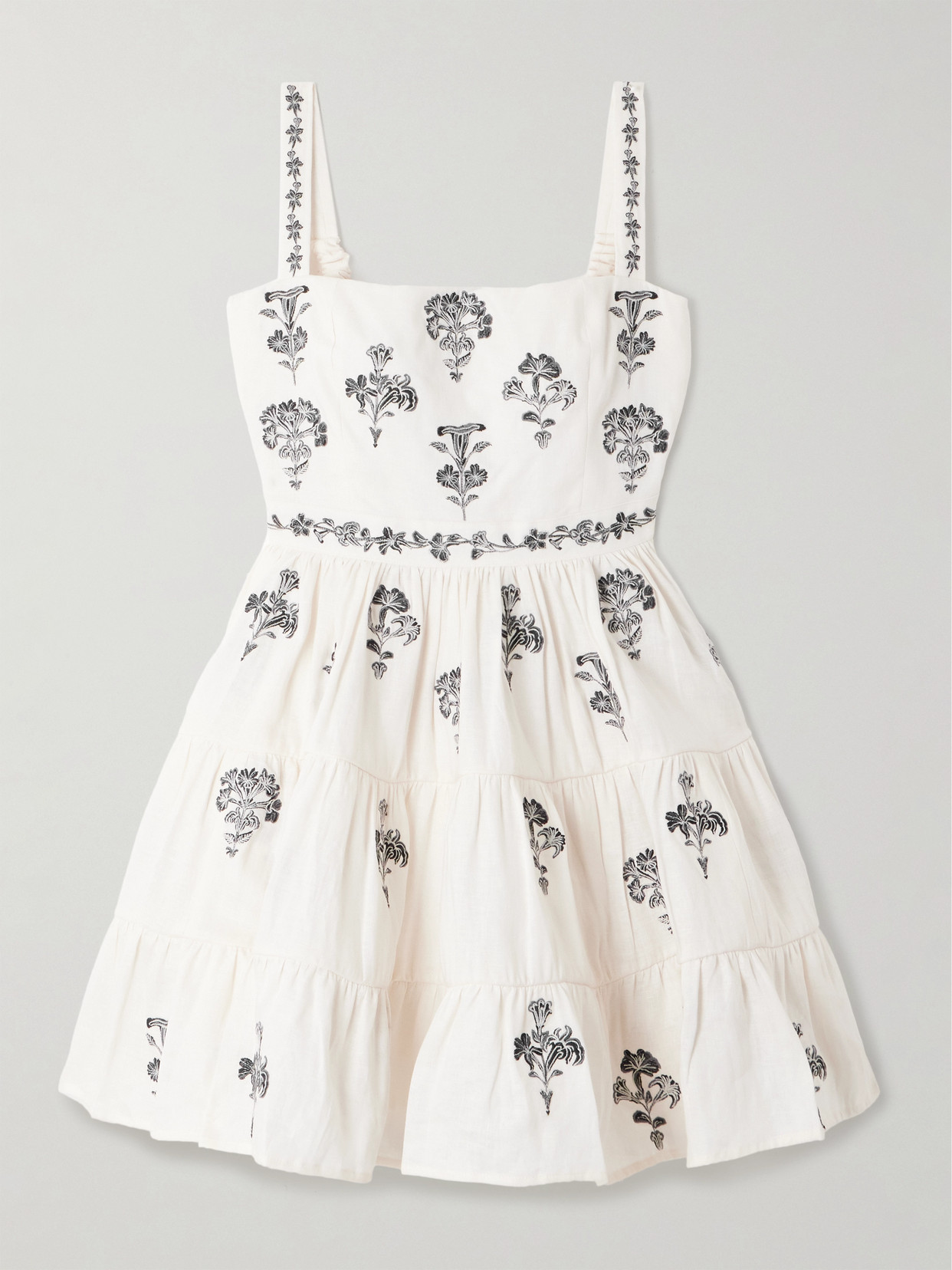 AGUA BY AGUA BENDITA LIMA TIERED EMBROIDERED LINEN MINI DRESS