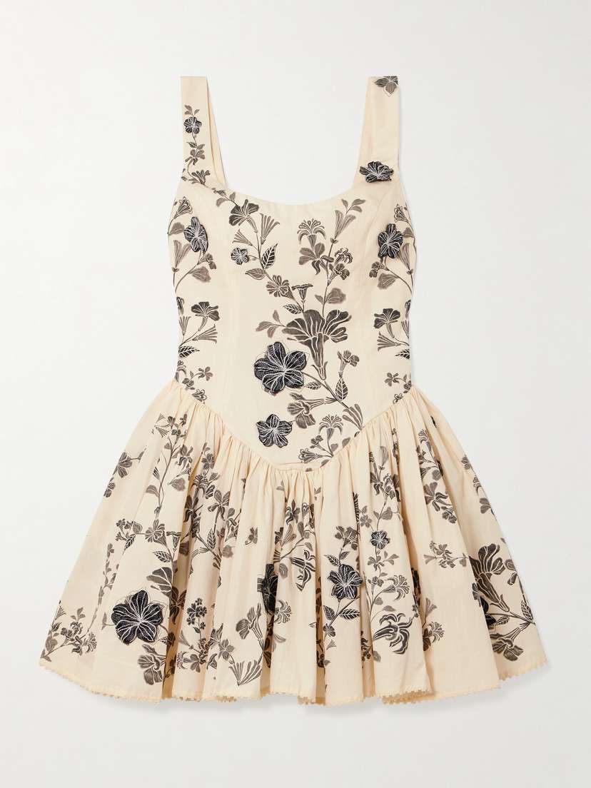 Agua by Agua Bendita Pluma Guayacan Appliquéd Gathered Printed Cotton Mini Dress