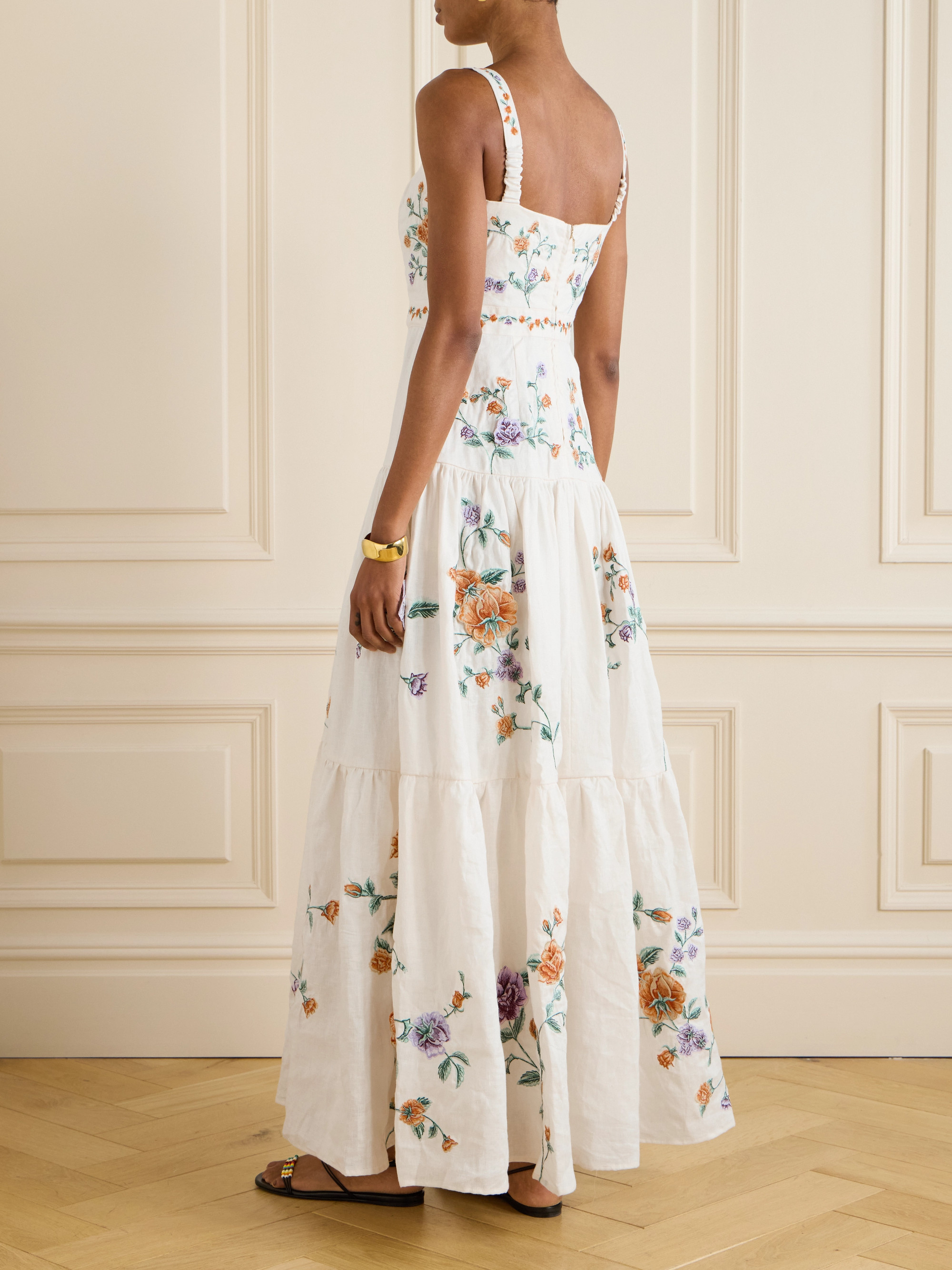 Agua by Agua Bendita Lima tiered pleated embroidered linen maxi dress