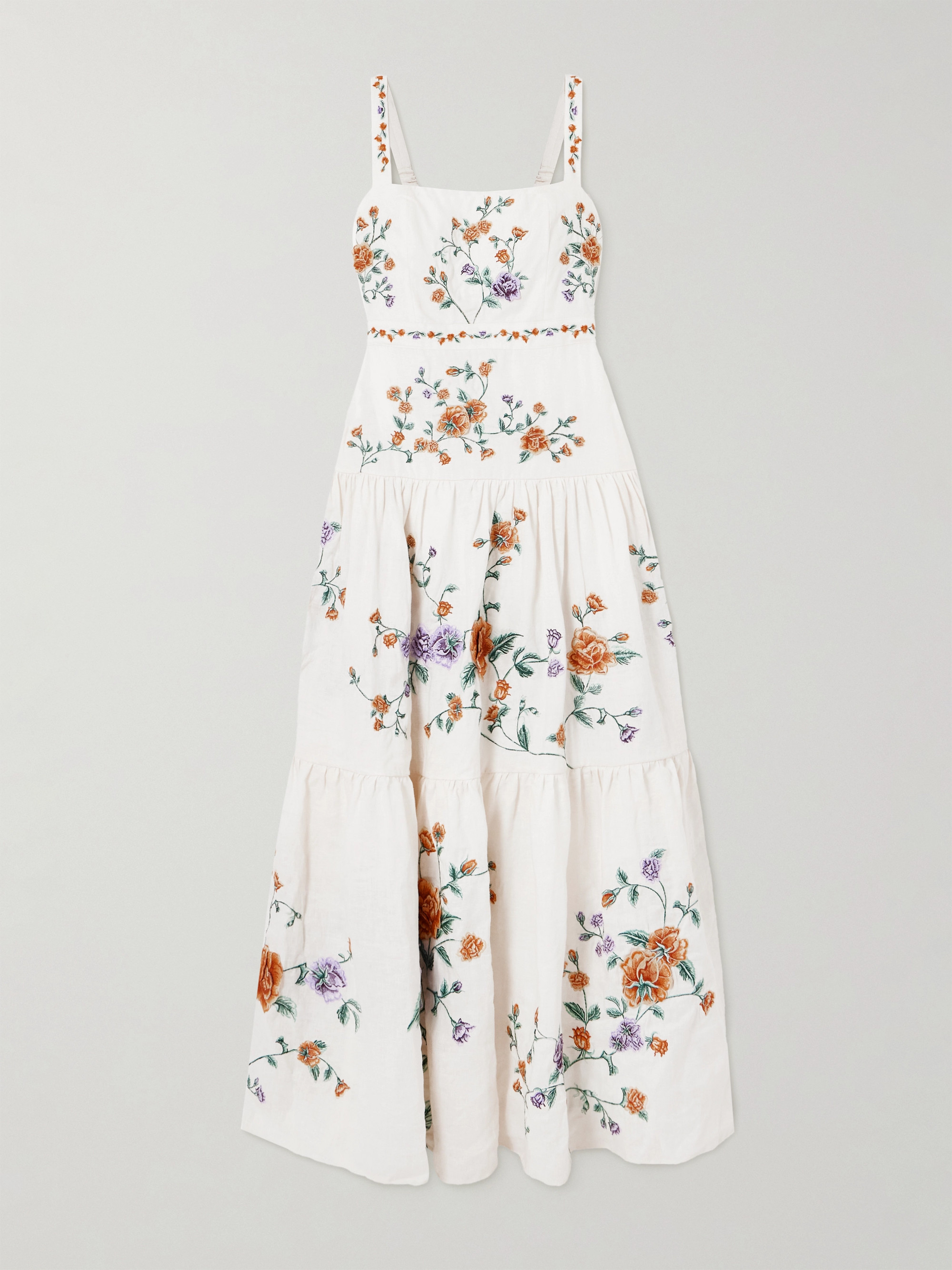 Agua by Agua Bendita Lima tiered pleated embroidered linen maxi dress
