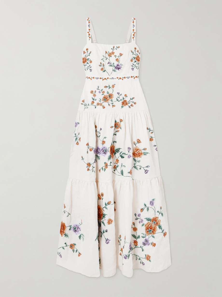 lima tiered pleated embroidered linen maxi dress