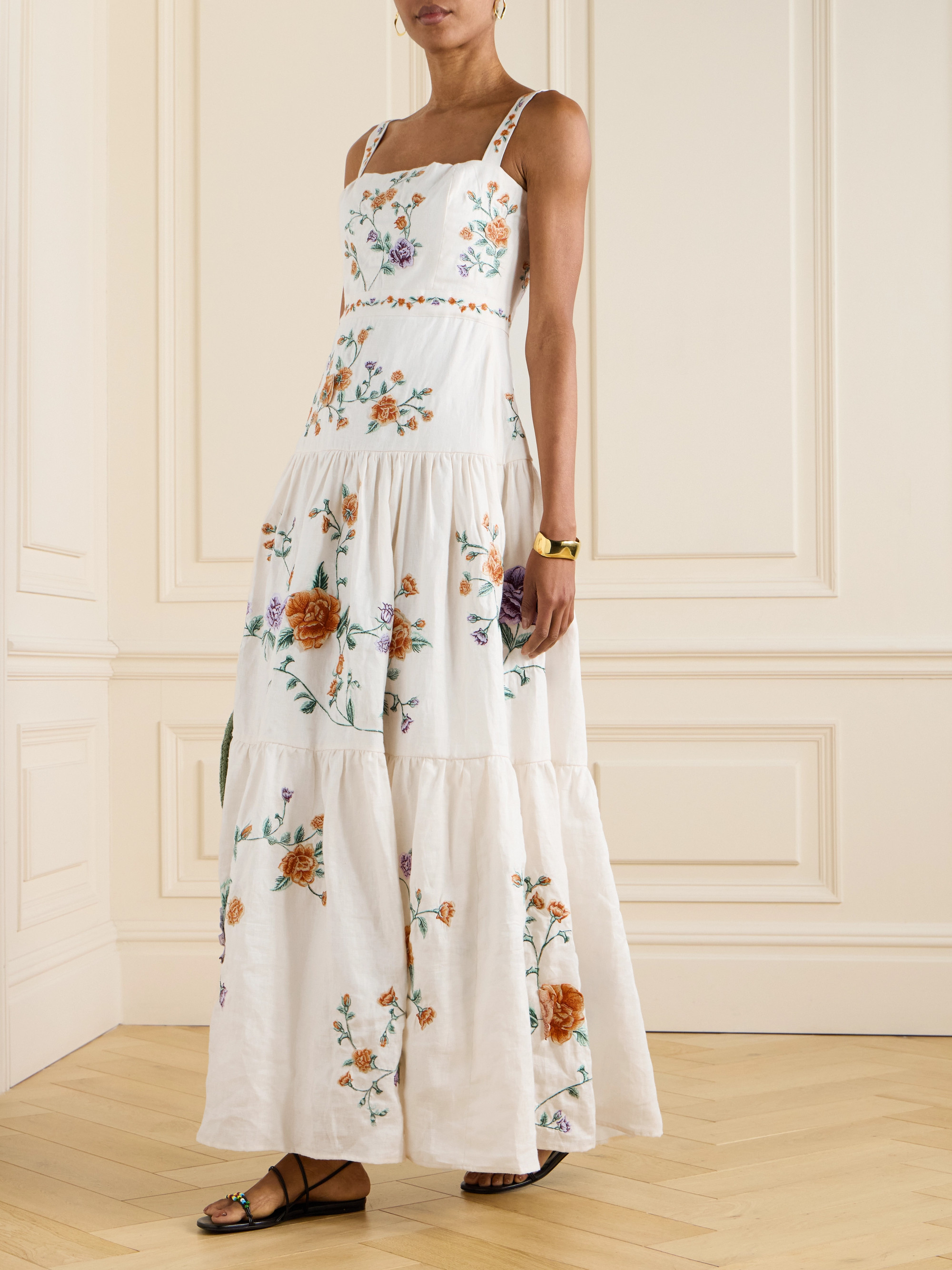 Agua by Agua Bendita Lima tiered pleated embroidered linen maxi dress
