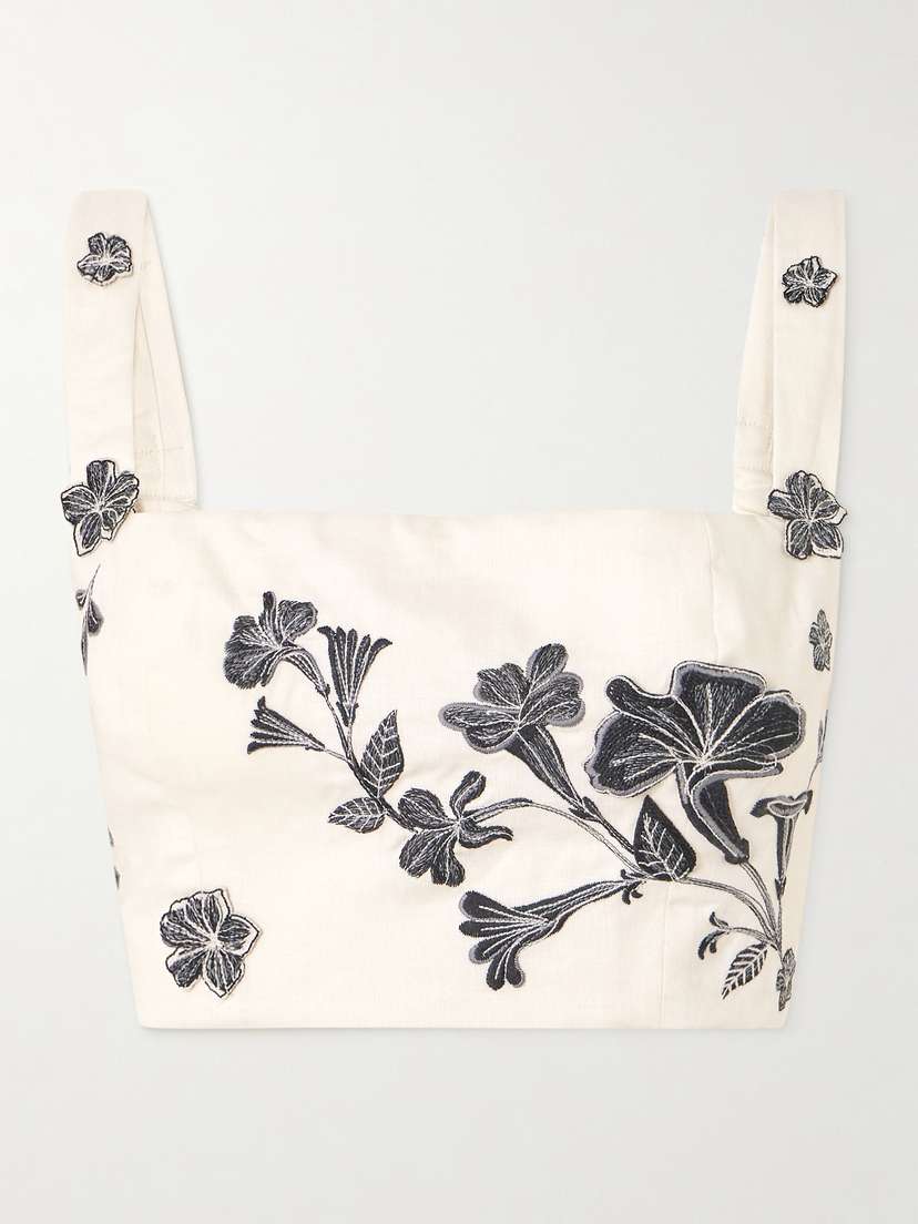 Agua by Agua Bendita Cacao Guayacan Cropped Appliquéd Embroidered Linen Top