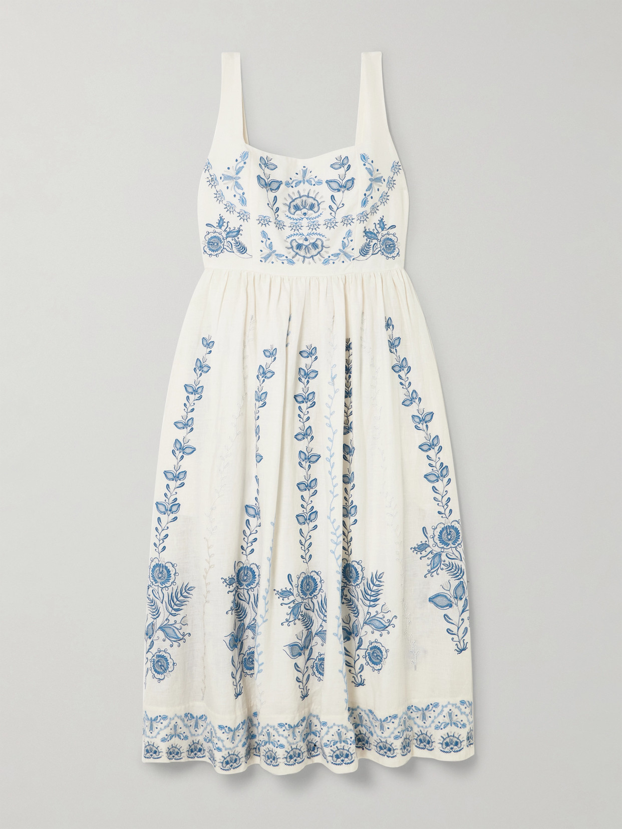 Agua By Agua Bendita Miramar Floritura Gathered Embroidered Linen Midi Dress In White