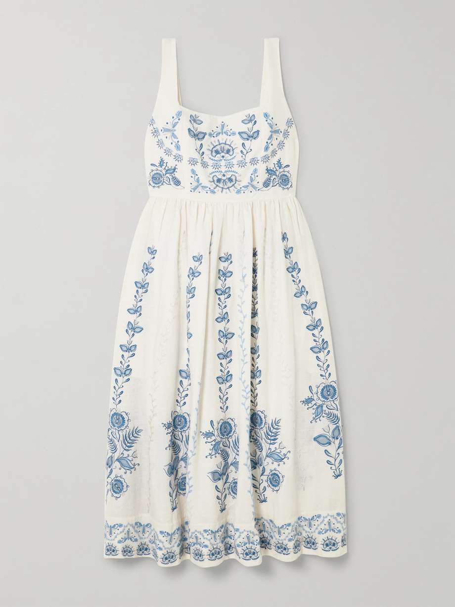 miramar floritura gathered embroidered linen midi dress