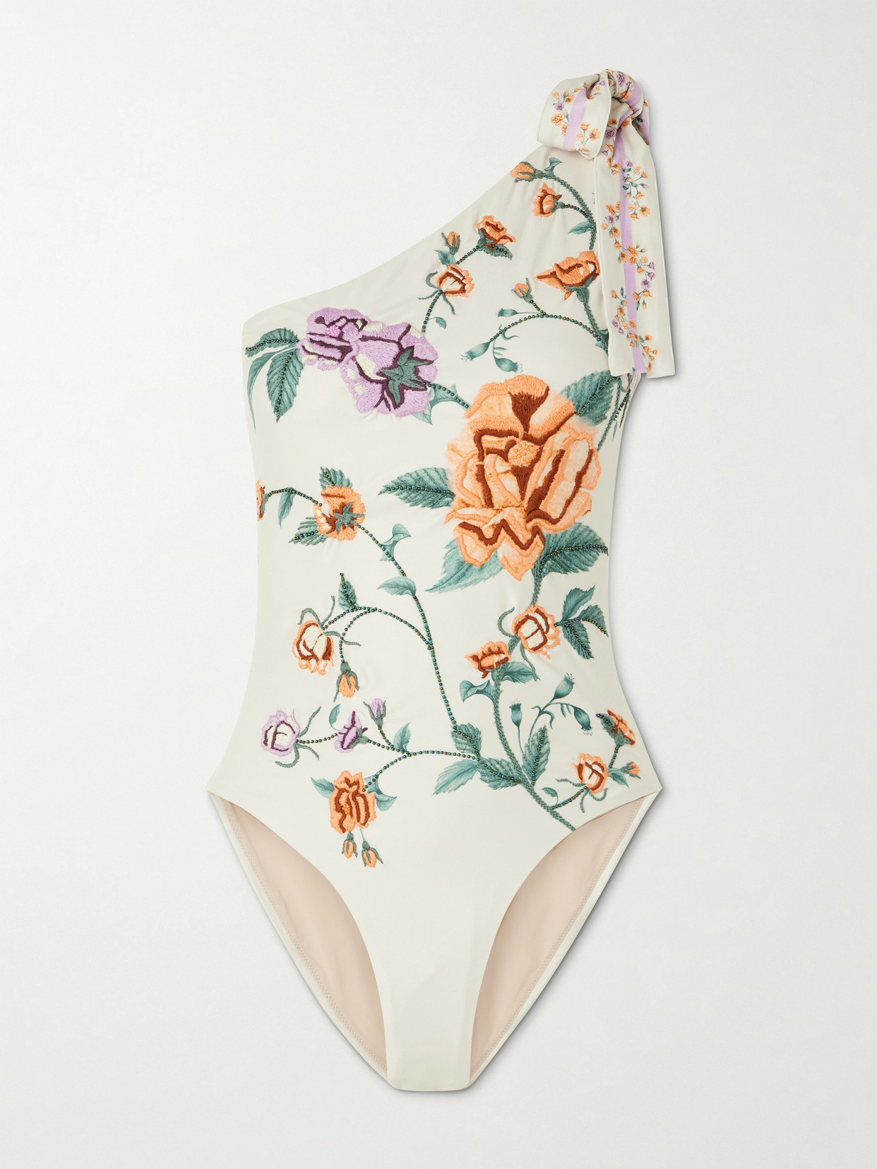 AGUA BY AGUA BENDITA REMEDIOS CHINESIS ONE-SHOULDER EMBELLISHED EMBROIDERED RECYCLED SWIMSUIT