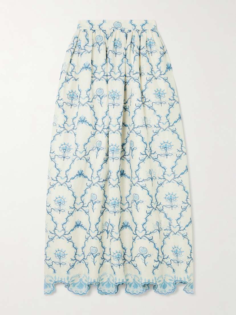 Agua by Agua Bendita Tangelo Gathered Embroidered Linen Maxi Skirt