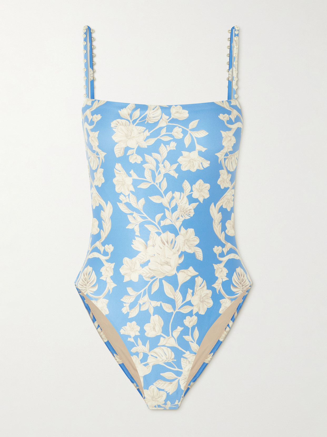 Agua By Agua Bendita Durazno Madera Bead-embellished Floral-print Recycled Swimsuit In Blue
