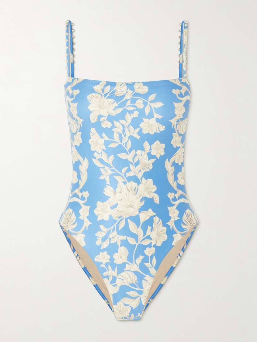 Agua by Agua Bendita Durazno Madera Bead-embellished Floral-print Recycled Swimsuit