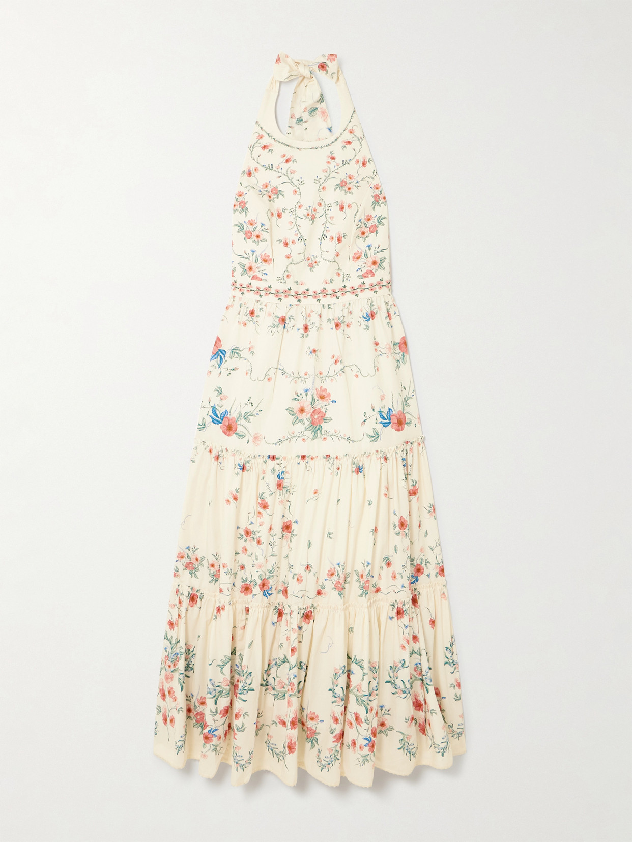 Agua By Agua Bendita Consuelo Mosqueta Embroidered Tiered Floral-print Cotton-poplin Midi Dress In White