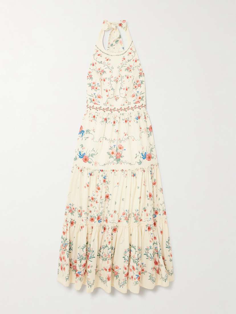 Agua by Agua Bendita Consuelo Mosqueta Embroidered Tiered Floral-print Cotton-poplin Midi Dress
