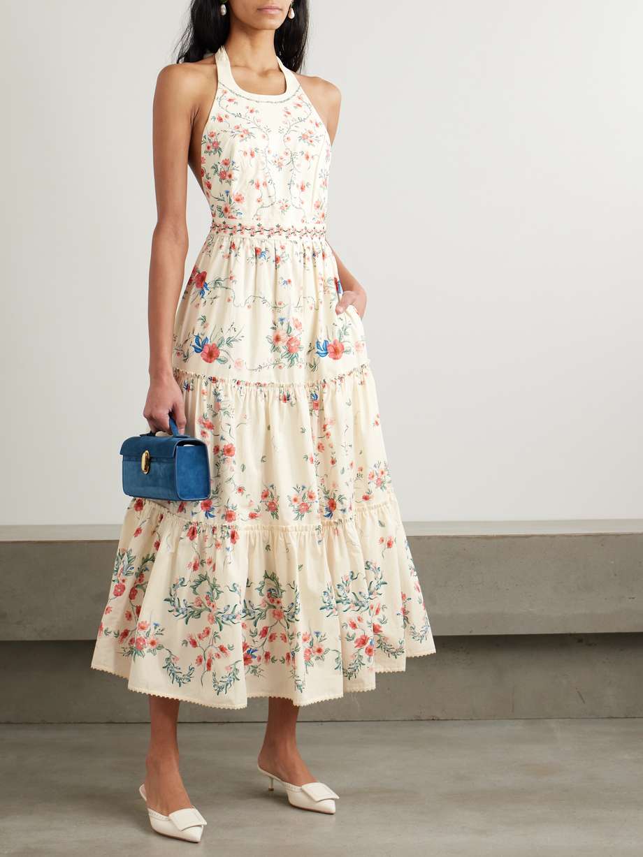 consuelo mosqueta embroidered tiered floral-print cotton-poplin midi dress