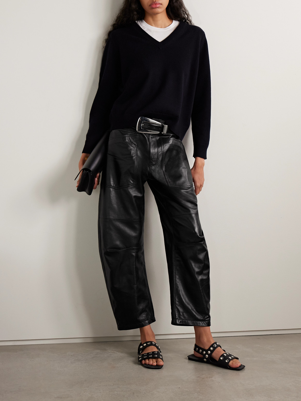 Nili Lotan Shon Leather Barrel-leg Pants In Black