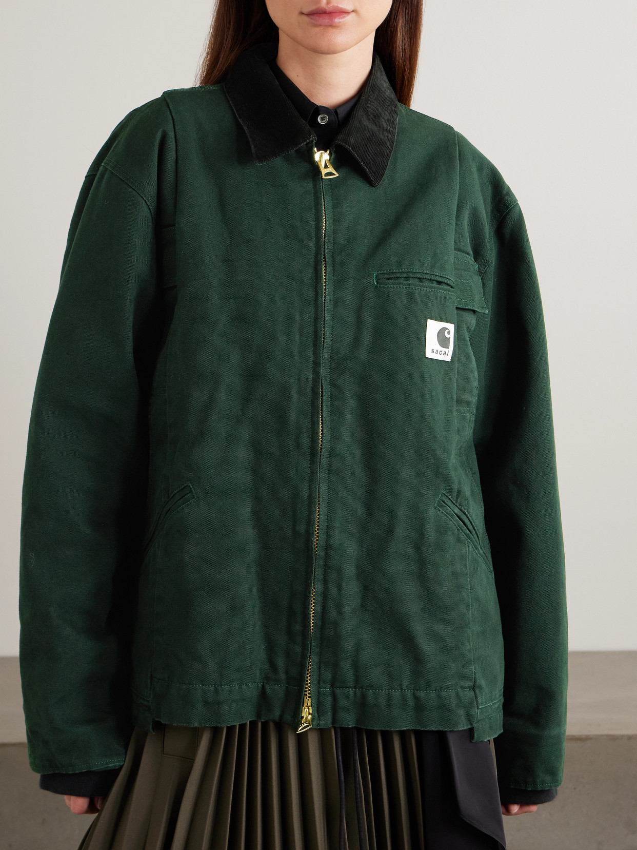 Sacai + Carhartt Wip Duck Oversized Corduroy-trimmed Appliquéd Cotton-canvas Jacket In Green
