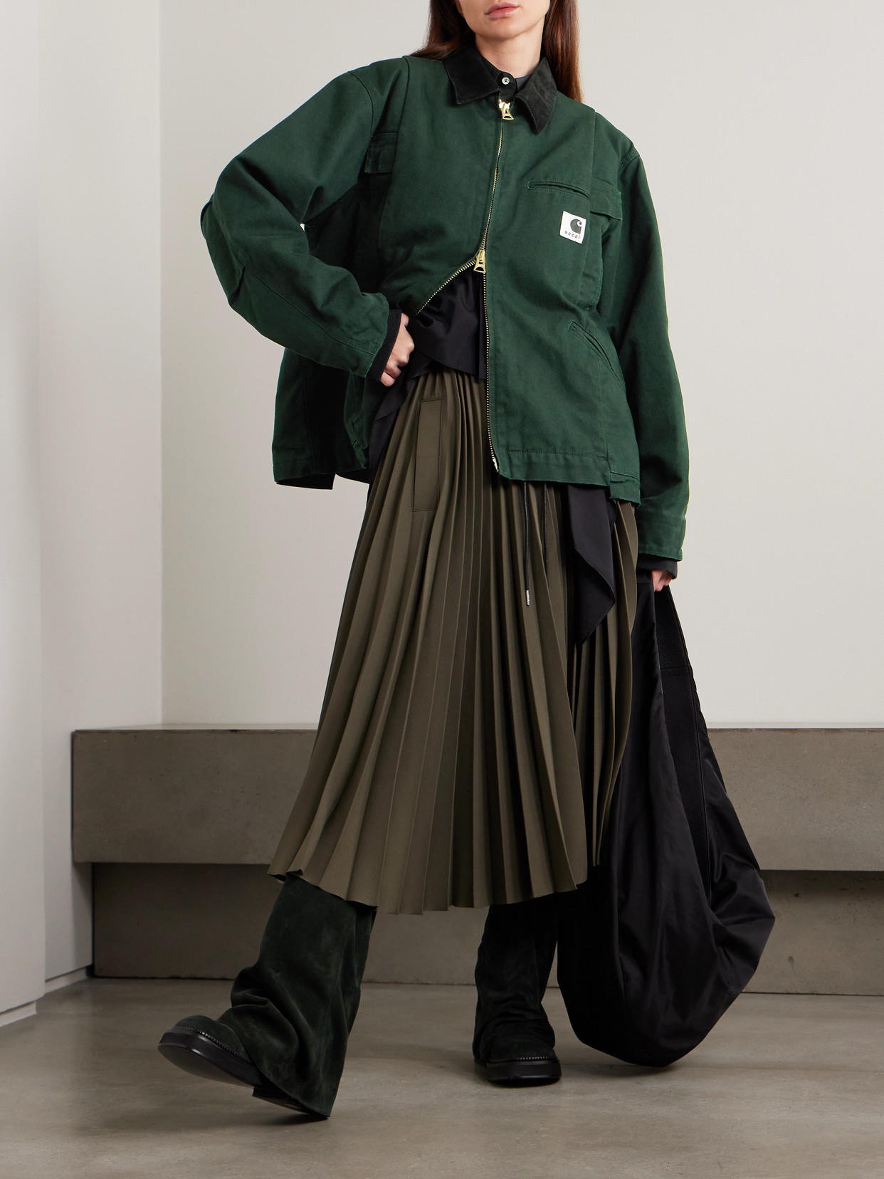 Sacai + Carhartt Wip Duck Oversized Corduroy-trimmed Appliquéd Cotton-canvas Jacket In Green