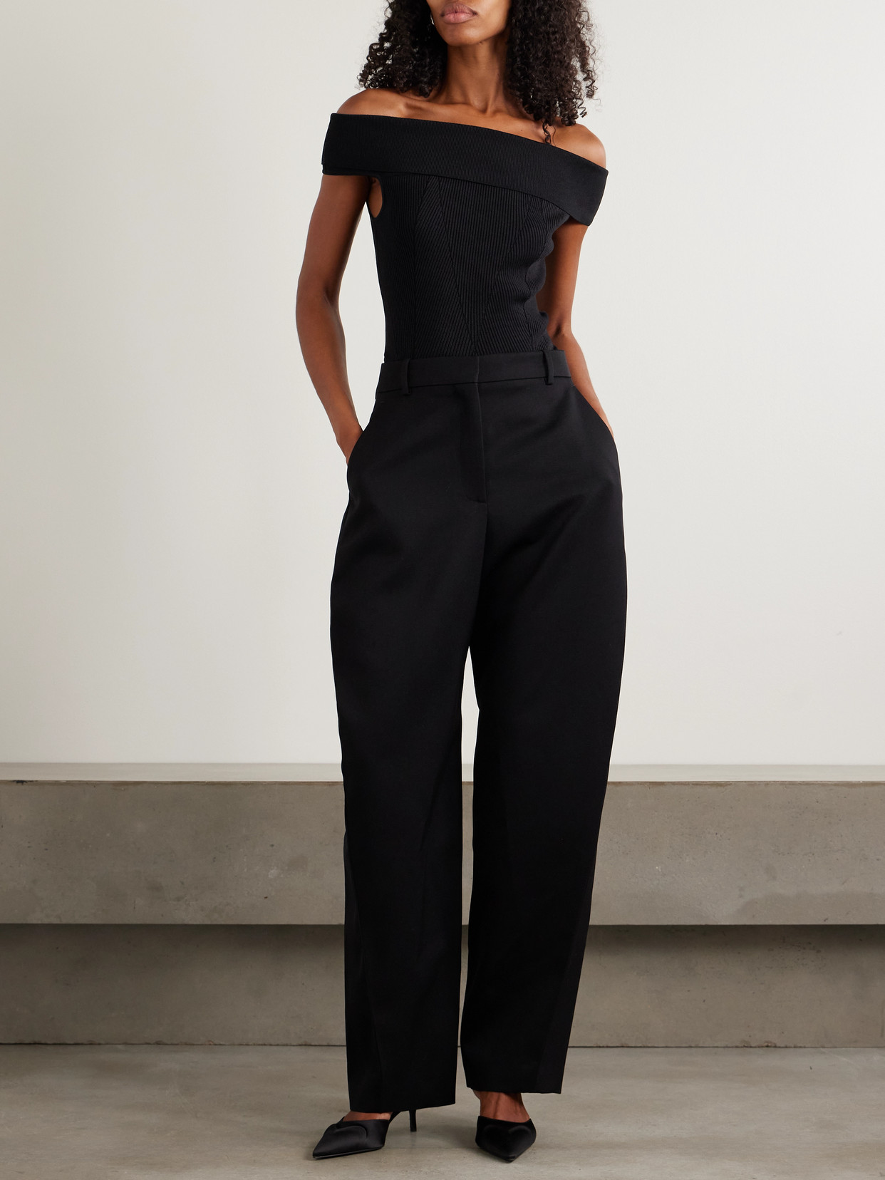 Givenchy Off-the-shoulder Paneled Ribbed-knit Top In Black