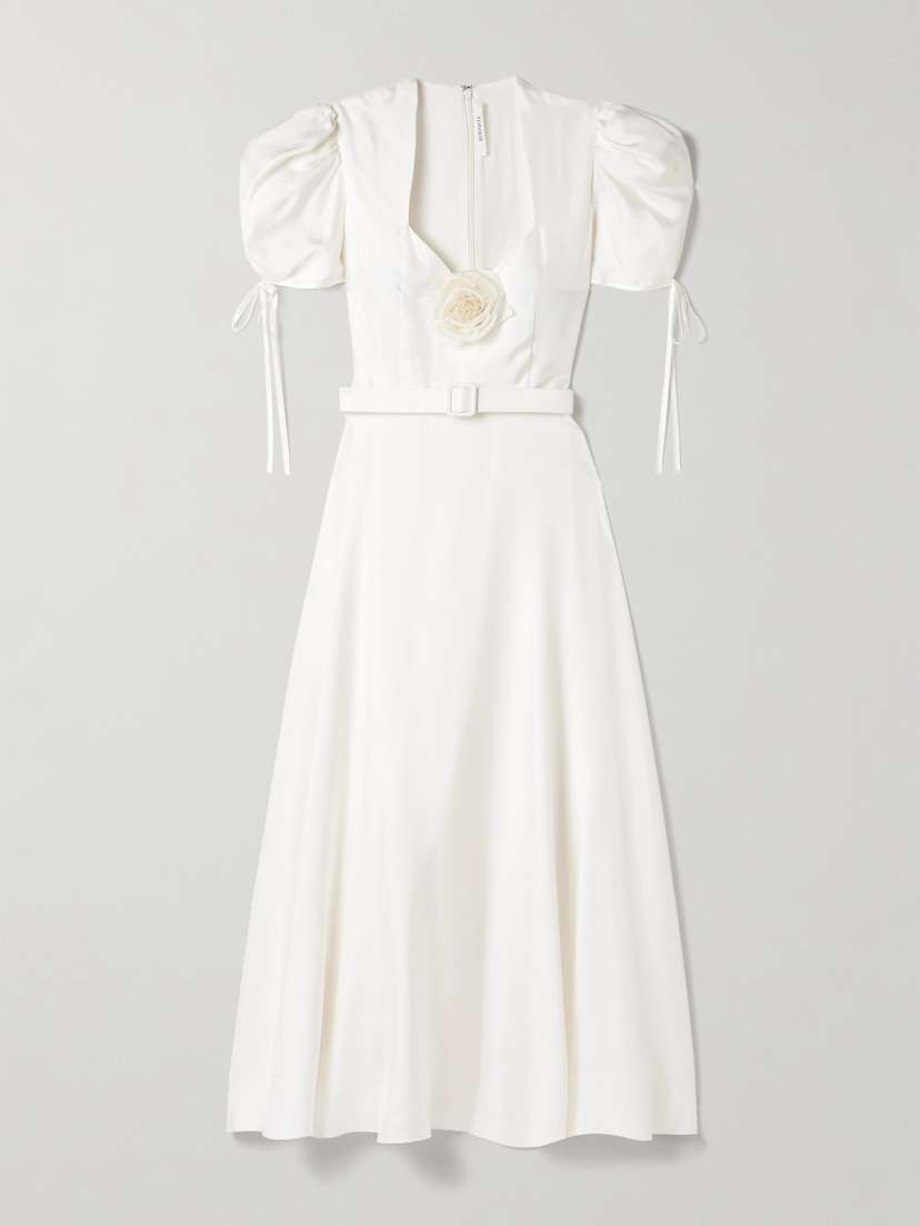 Rodarte Appliquéd Belted Silk-twill Midi Dress