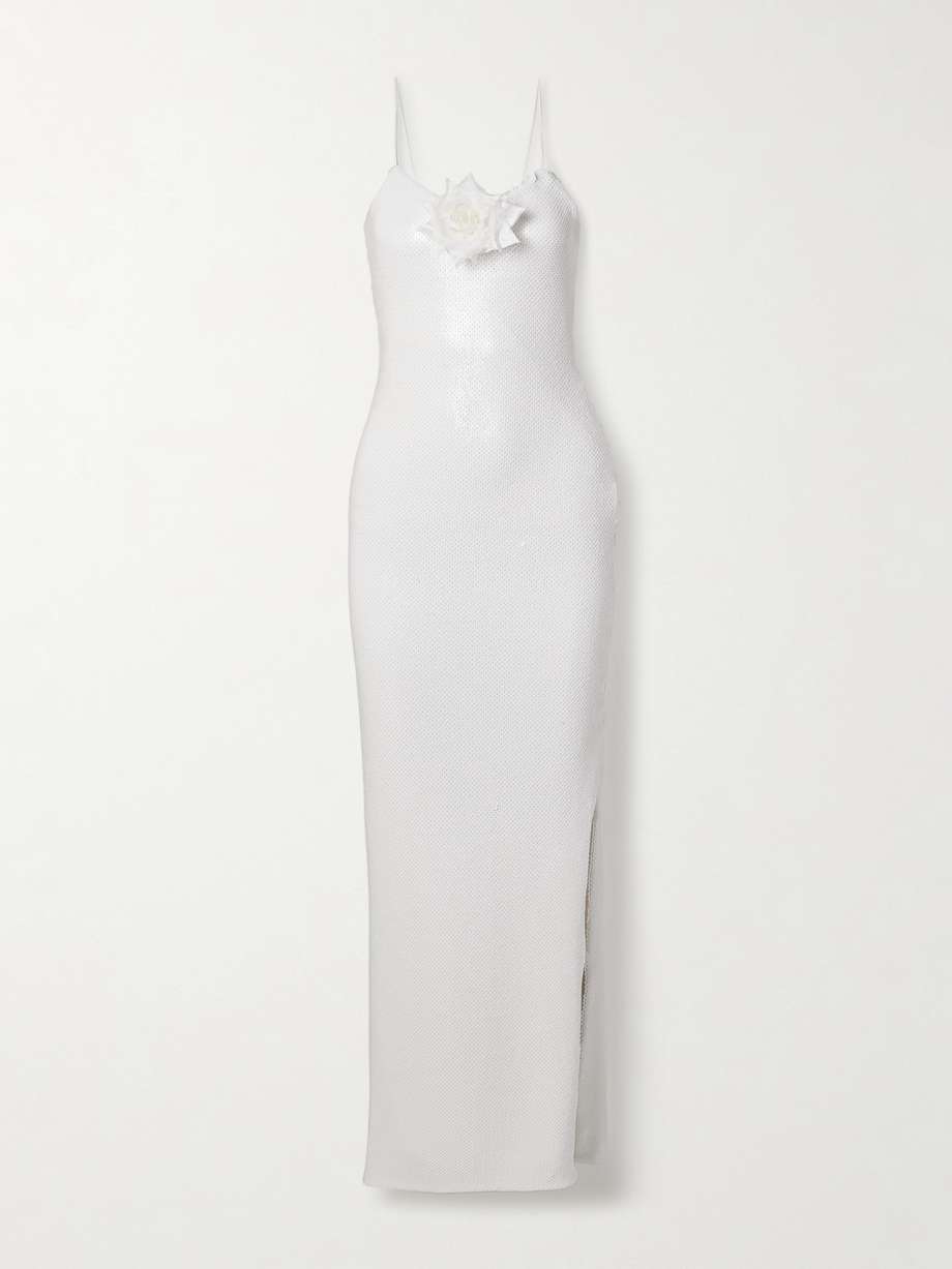 embellished silk-trimmed sequined tulle gown