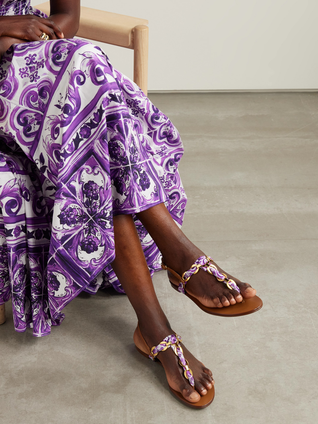 Dolce & Gabbana Leather-trimmed Chain-embellished Printed Satin-twill Sandals In Purple